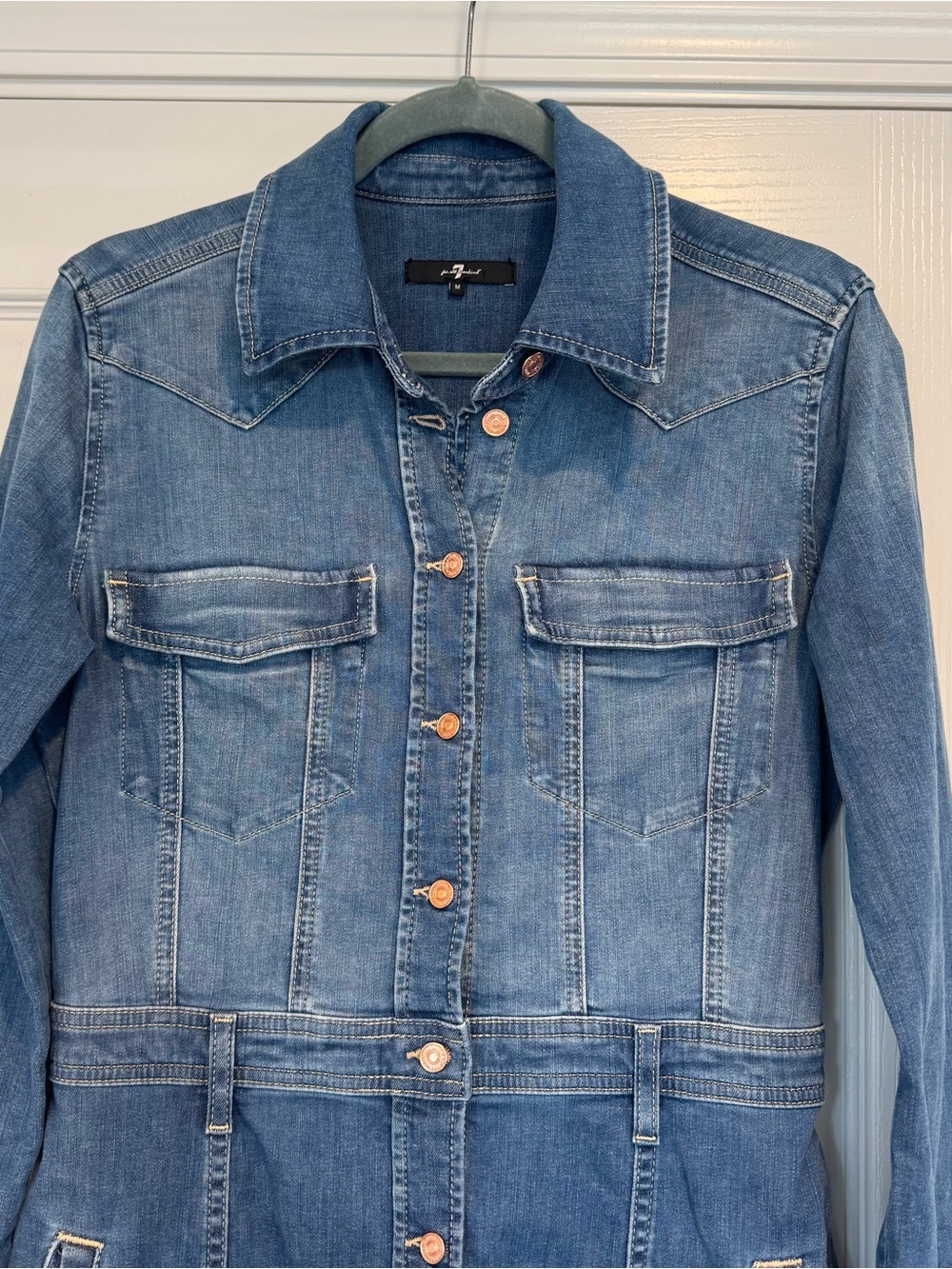 7 For All Mankind Denim Midi Shirt Dress in Blue - Picture 3 of 7